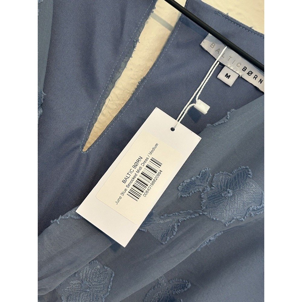 Baltic Born Blue Floral Embroidered Smocked Midi Dress V-Neck Flutter Sleeve M - Picture 3 of 8